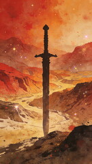 Watercolor Illustration of a Solitary Sword Standing in a Barren Canyon Under a Cosmic Red-Orange Sky
