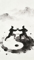 Ink Wash Painting of Two Martial Artists Practicing on a Tai Chi (Yin-Yang) Symbol, with Misty Mountain Landscape in the Background