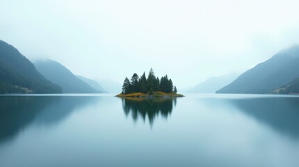 Serene island forest reflected in calm lake amidst misty mountains
