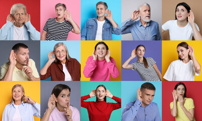 Obraz premium Hearing health. People holding hands near ears on colorful backgrounds, set