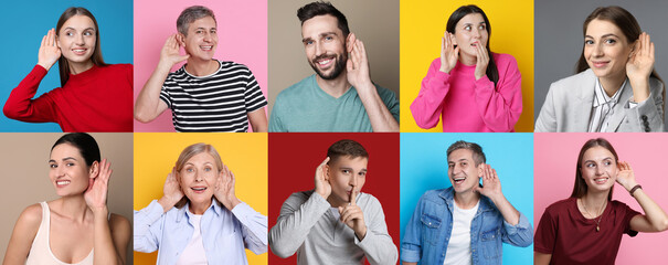 Obraz premium Hearing health. People holding hands near ears on colorful backgrounds, set