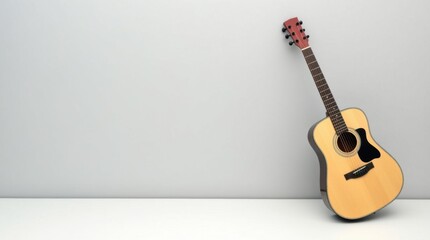 Fototapeta premium Acoustic guitar leaning against a plain grey wall with copy space