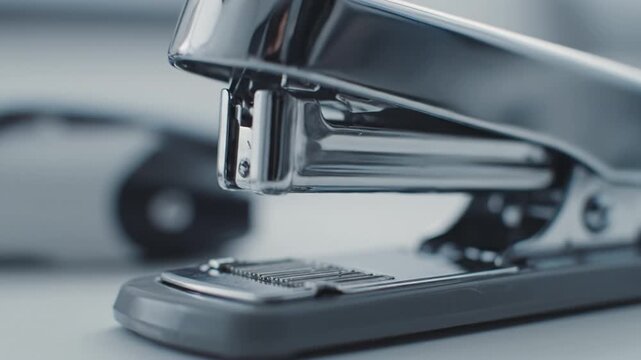 Chrome stapler close up desk with soft light and shallow depth of field showing metal texture and office tool detail. shiny metal stapler office desk close up reflecting soft light with stationery