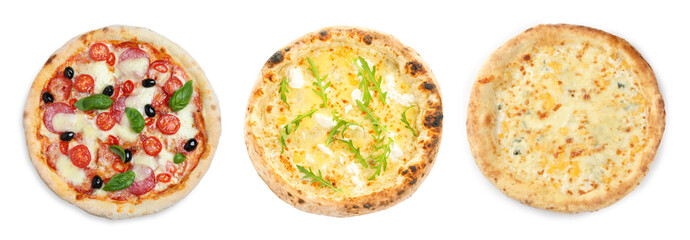 Set of different tasty pizzas isolated on white, top view