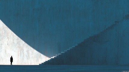 Journey's Ascent: A lone figure stands before a monumental staircase leading towards a bright, illuminating unknown. An evocative visualization of human endeavor, personal aspiration.
