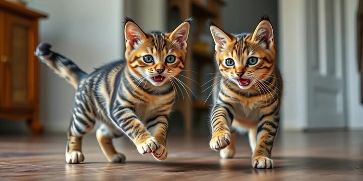 Two playful tabby cats chasing each other indoors,  cat fight,  friends