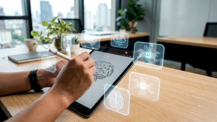 Human Hand Drawing Brain on Digital Tablet with Artificial Intelligence Technology Icons
