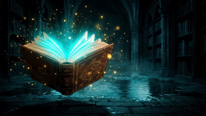 Mystical Glowing Book in Dark Enchanted Library