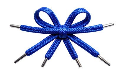 Bright blue shoelaces tied in a complex bow shape, ends with shiny metal aglets, dark background