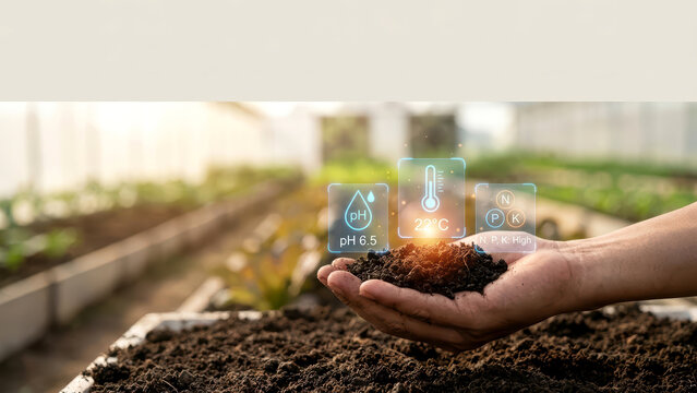 Smart Farming Hand Holding Soil with Digital Data Analysis