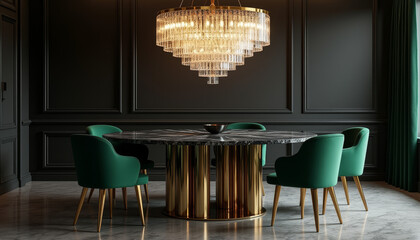 Sophisticated modern dining room interior featuring a grand chandelier and elegant green velvet chairs, creating an opulent atmosphere for upscale living