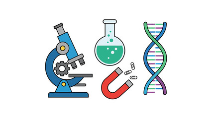 Scientific Research Icons Microscope, Flask, Magnet, DNA Strand, and Test Tubes