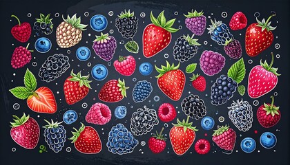 Vibrant assorted berries and fruits on dark background