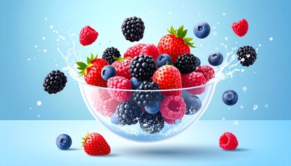 Vibrant mixed berries splashing in clear glass bowl on blue background