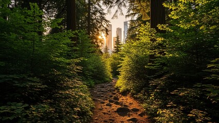 Serene forest pathway in a lush green park with tall trees and sunlight filtering through the leaves during sunset creating a peaceful natural scene for outdoor relaxation and nature exploration