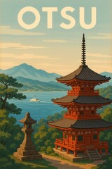 Obraz premium Red pagoda and stone lantern in Otsu overlooking Lake Biwa with a boat sailing under clear skies and distant blue mountains