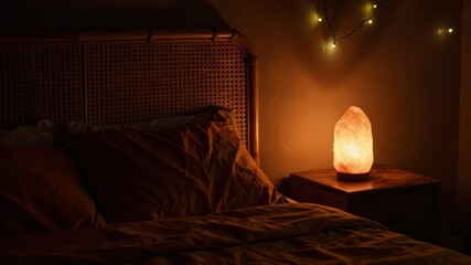 Cozy bedroom scene at night illuminated by the warm glow of a Himalayan salt lamp and delicate string lights