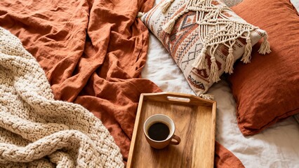 Cozy morning coffee in bed with warm blankets and pillows, perfect for a relaxing start to the day