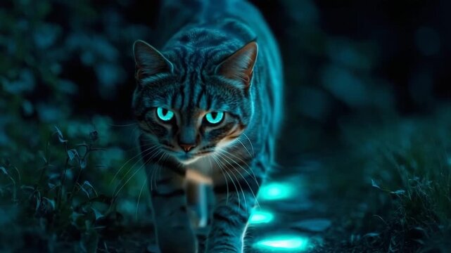 Cat explores glowing tracks in a mysterious forest at night revealing fantasy and intrigue