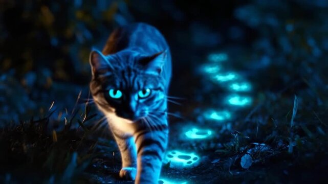 Cat explores glowing tracks in a mysterious forest at night revealing fantasy and intrigue