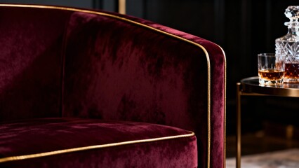 Luxurious deep red velvet armchair with elegant gold trim and a decanter of whiskey