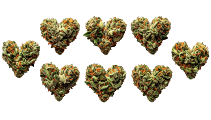 Ten heart-shaped formations made of leafy, green and orange-hued plant matter