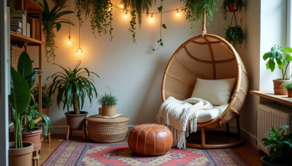 Cozy bohemian indoor oasis with lush green plants, warm string lights, and a relaxing rattan hanging chair
