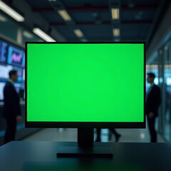 Prominent green screen monitor in a high-tech corporate office awaiting dynamic digital content display