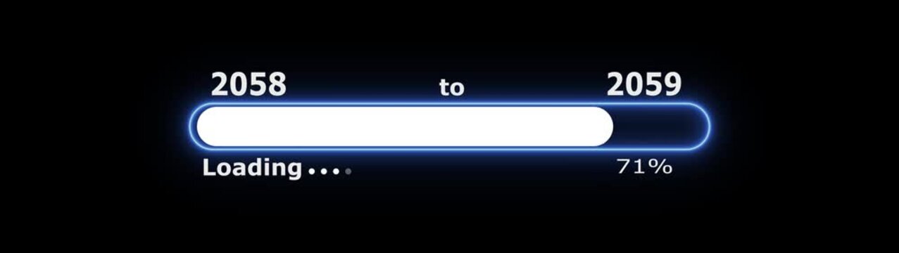 Abstract glowing neon New year 2059 loading bar animation Year changing from 2058 to 2059. Loading bar from 2058 to 2059 new year transfer animation.