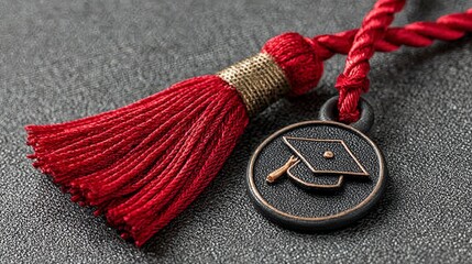 Graduation Tassel: A close-up shot of a red graduation tassel and medal, symbolizing the achievement of education and the beginning of a new chapter.