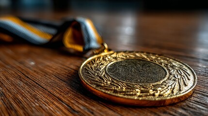 Gold Medal on Wooden Surface: A gleaming gold medal, symbol of achievement and recognition, rests gracefully on a rich wooden surface.