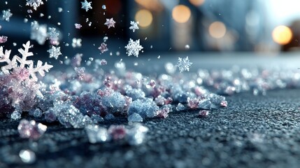 Ephemeral Embrace: A delicate symphony of snowflakes cascades onto a textured surface, showcasing their intricate crystalline structures in a moment of pure, frosty elegance.