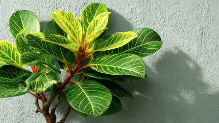 Green Foliage Delight: Vibrant green and yellow leaves, displaying striking veins, flourish against a serene backdrop, creating a captivating visual harmony.
