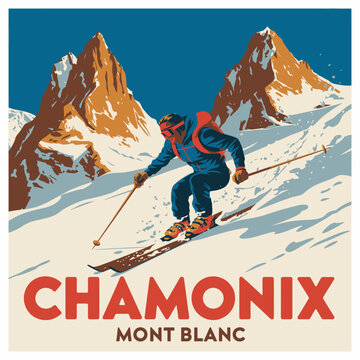Vintage Ski Travel Poster for Chamonix Resort, France, Winter Alpine Landscape Illustration, Snowy Mountains, Tourism Promotion, Winter Sports, Travel Card Artwork, Retro European Travel Design