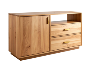 On a white background, an isolated wooden cabinet with drawers and golden handles, cut out