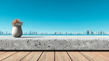 Coastal Serenity: A modern minimalist composition features a decorative pot with dried flowers perched on a concrete surface, overlooking a cityscape, set against a backdrop of a clear blue sky.
