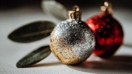 Festive Ornaments: A pair of vibrant Christmas ornaments, one shimmering gold and another radiant red, are set against the backdrop, evoking the warmth and cheer of the holiday season. 