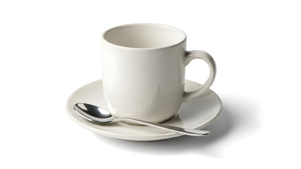 Obraz premium Empty off-white porcelain mug resting on a matching saucer with a small teaspoon, viewed from a side angle on a plain white studio background