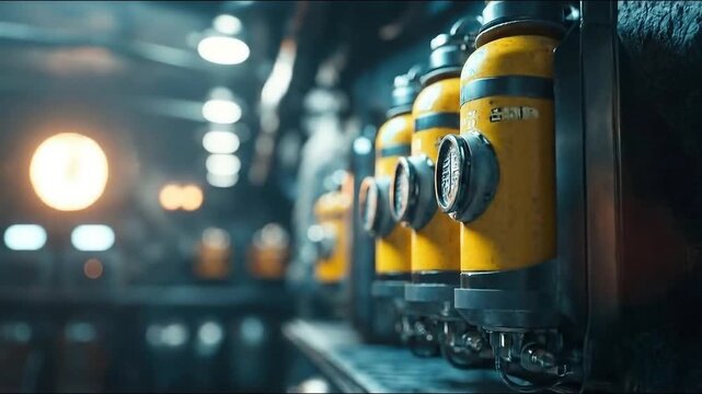 Dive into action with scuba tanks on a shelf in a dark underwater facility