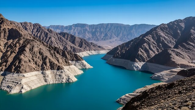 Hatta Dam reservoir in rugged mountains at midday
