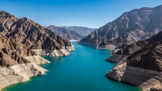 Hatta Dam reservoir nestled in rugged mountains in the United Arab Emirates at midday