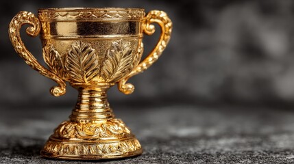 Golden Trophy's Luminescence: A close-up view of a lustrous golden trophy, its intricate details and elegant handles are showcased against a blurred background, creating a sense of achievement.