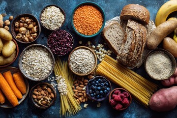 Fototapeta premium Healthy carbohydrates: vibrant flat lay of fruits, vegetables, grains, legumes and nuts on a dark blue concrete background
