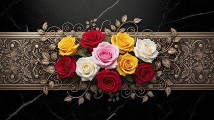 Colorful bouquet of vibrant roses set against a dark background featuring luxurious antique bronze floral relief and ornate golden vine accents