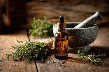 Herbal oil scene: thyme bottle, mortar, and thyme on natural wooden tabletop