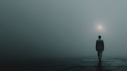 Lost in the Murk: A solitary figure, clad in a formal suit, is walking towards a glimmer of light, enveloped by a dense, eerie fog that obscures the path.