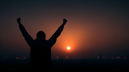 Skyward Triumph: A solitary figure, silhouetted against a radiant sunset, exults in a moment of victory, arms raised towards the vast expanse, embodying aspiration and ambition.