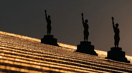 Golden Statues: Silhouetted against a golden hour sky, three regal statues adorn a textured roof, their arms raised in triumphant silhouettes.
