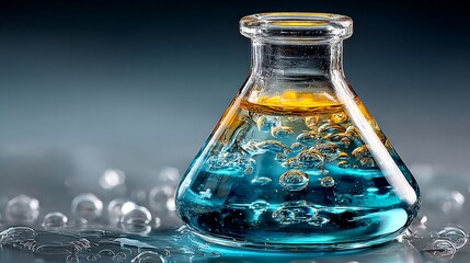Chemical Fusion: Captivating macro shot of a flask filled with two immiscible liquids, creating stunning visual contrast and scientific elegance.