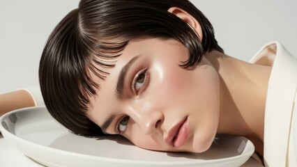 Obraz premium A woman with wet hair resting on a white plate with a calm expression